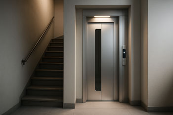 رندر سه‌بعدی از نصب آسانسور جمع‌وجور در فضای محدود ساختمان با طراحی مینیمالیستی