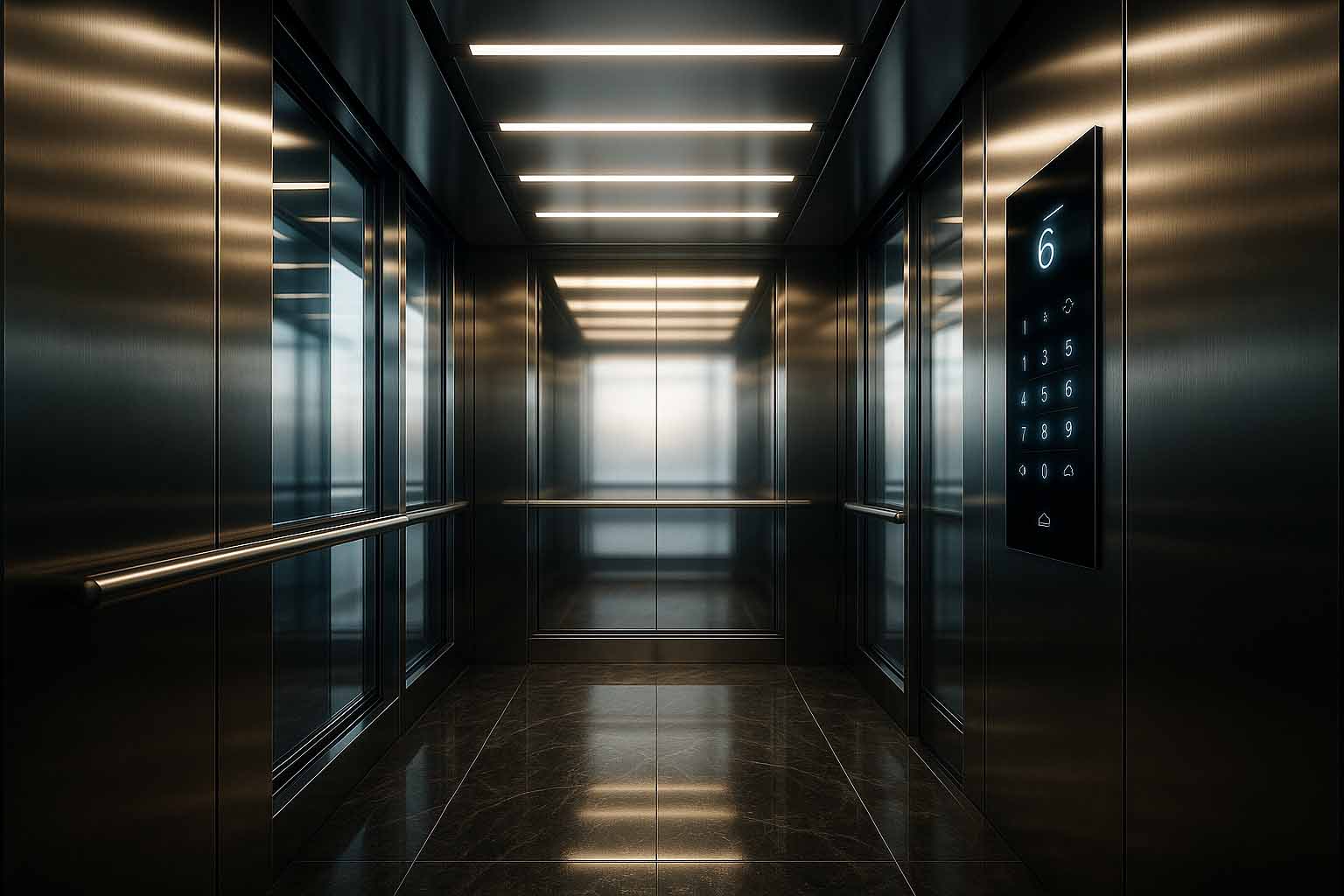 کابین آسانسور تجاری لوکس با استیل ضدزنگ، شیشه و نورپردازی LED