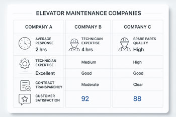 جدول مقایسه شرکت‌های تعمیرات آسانسور بر اساس معیارهای فنی