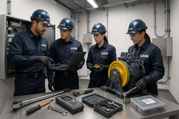 تیم متخصص آسانسور لاین در حال سرویس و بررسی فنی تجهیزات آسانسور