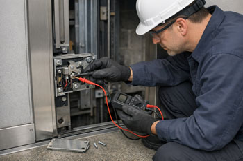 تست قفل درب طبقات و مدار سری ایمنی آسانسور با مولتی‌متر توسط سرویس‌کار مجاز