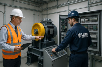 حضور تکنسین سرویس‌کار آسانسور لاین در کنار بازرس استاندارد جهت اخذ تاییدیه.