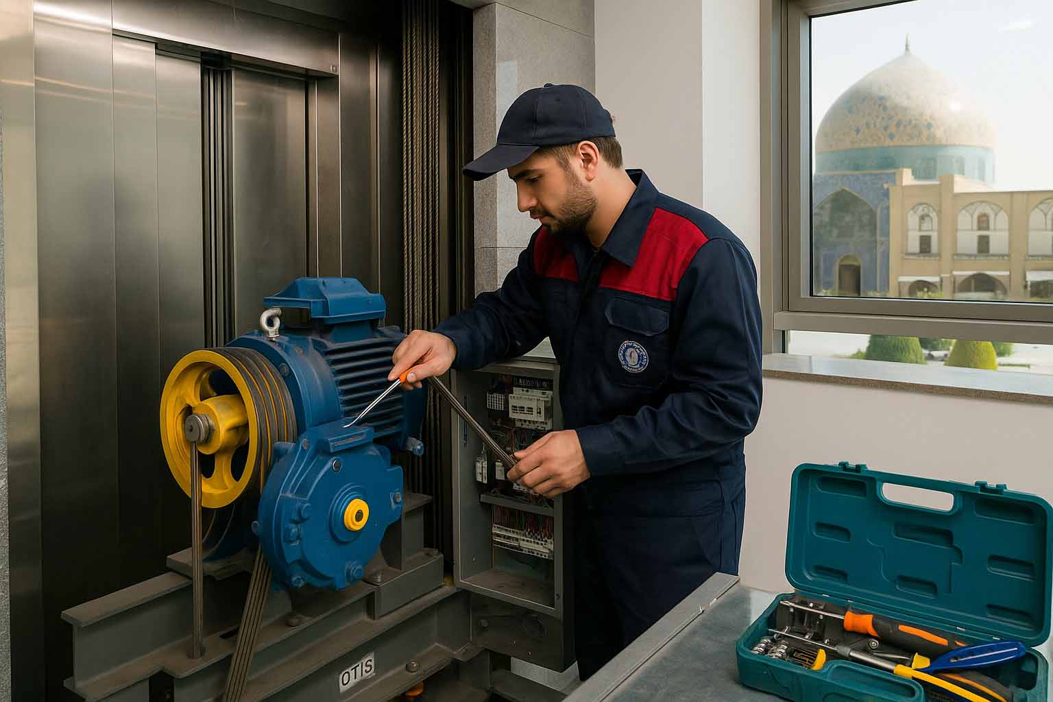 تیم Lion Elevator در حال سرویس آسانسور