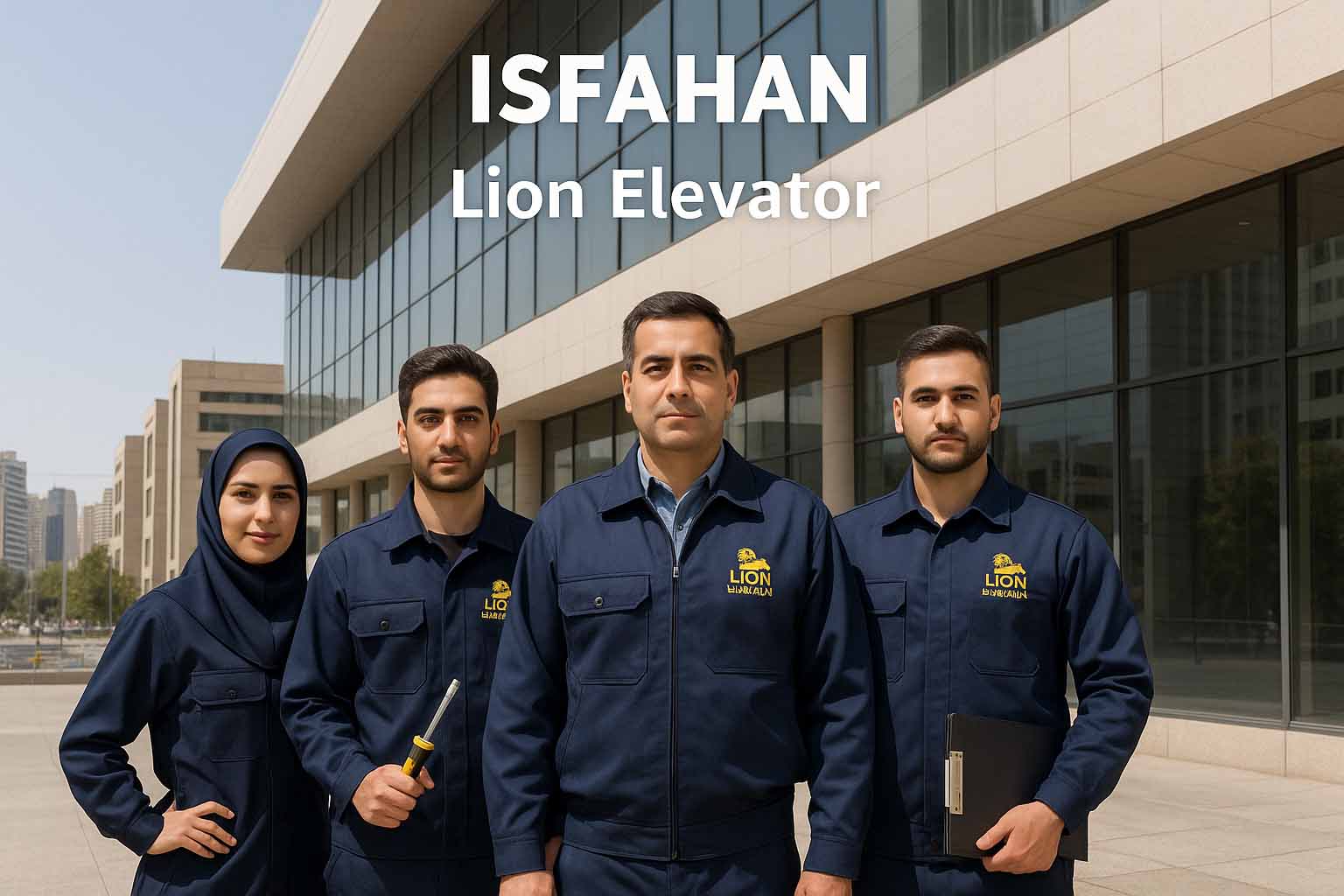 تیم حرفه‌ای Lion Elevator در اصفهان در حال ارائه خدمات آسانسور.