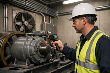 تکنسین در حال اندازه‌گیری دمای موتور آسانسور برای بررسی تطابق با استاندارد و عملکرد سیستم تهویه