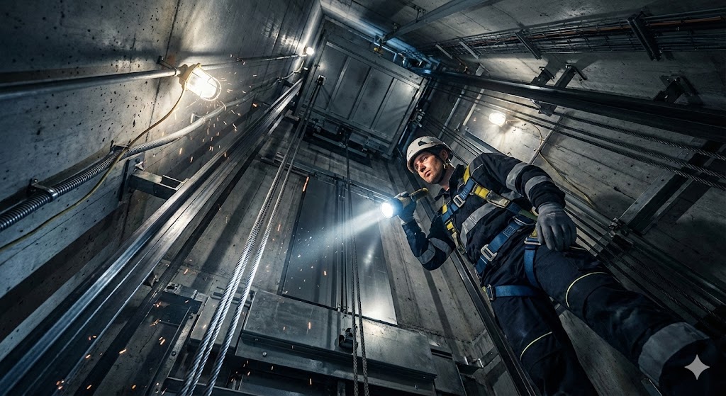 تکنسین فنی در حال بررسی سیم بکسل‌ها برای آمادگی بازرسی ادواری آسانسور