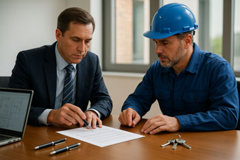 جلسه مدیر ساختمان با کارشناس آسانسور برای بررسی قرارداد نگهداری