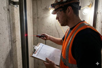 بازرس در حال بررسی دلایل رد شدن استاندارد آسانسور و چک کردن شاقول بودن ریل‌ها